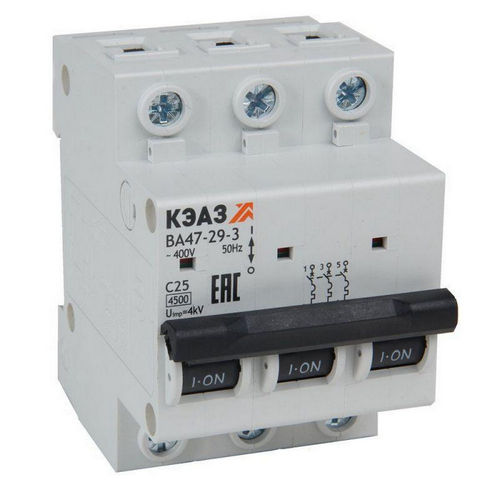 Автоматические выключатели трехполюсные КЭАЗ ВА47-29 3P (C), сила тока 25-32 A, тип расцепителя C, отключающая способность 4.5 кА