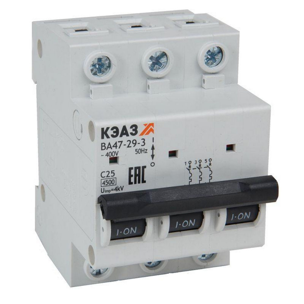 Автоматический выключатель трехполюсный КЭАЗ ВА47-29 3P (C) 25А 4.5кА, сила тока 25 A, тип расцепителя C, отключающая способность 4.5 кА