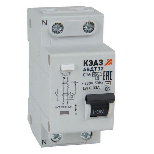 Автоматические выключатели дифференциального тока двухполюсные КЭАЗ АВДТ32 4.5кА 2P, ток утечки 30 мА, сила тока 16 А