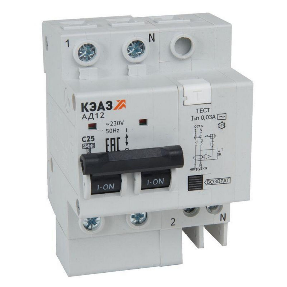 Автоматический выключатель дифференциального тока двухполюсный КЭАЗ АД12-22 C16 АС30, ток утечки 30 мА, сила тока 16 А