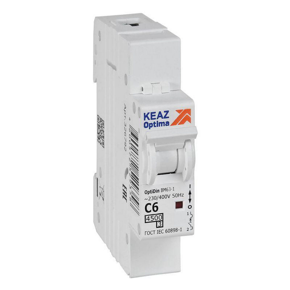 Автоматический выключатель однополюсный КЭАЗ OptiDin BM63 4.5кА 1P (C) 6 А, сила тока 6 A, тип расцепителя C, отключающая способность 4.5 кА