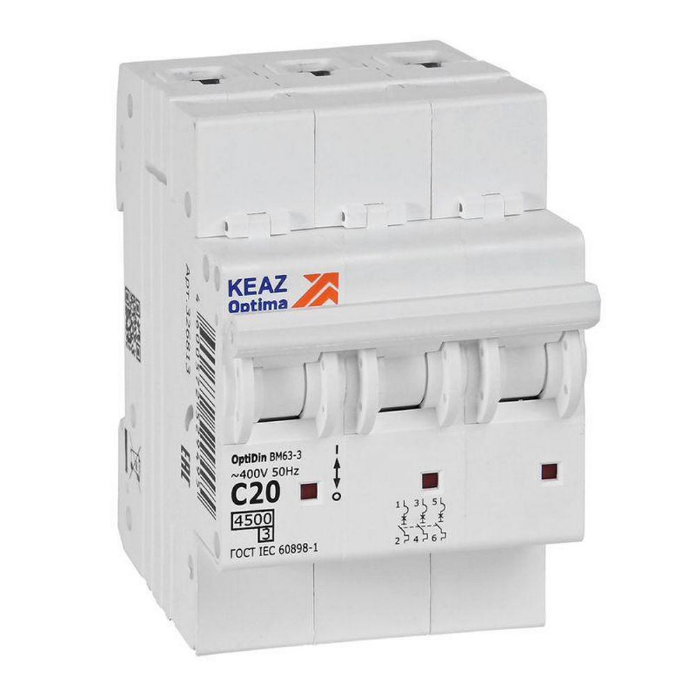 Автоматический выключатель трехполюсный КЭАЗ OptiDin BM63 4.5кА 3P (C) 20 А, сила тока 20 A, тип расцепителя C, отключающая способность 4.5 кА