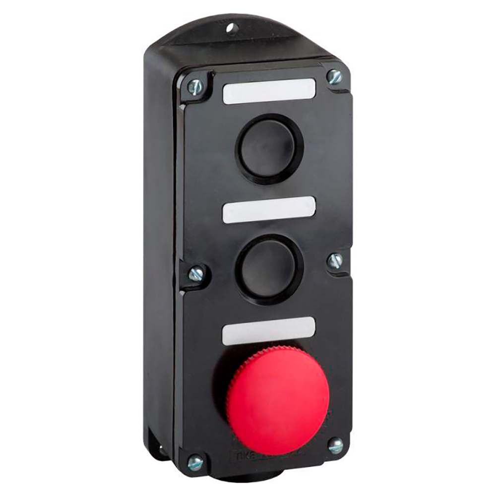 Пост кнопочный КЭАЗ ПКЕ-2223 две черные кнопки и один красный гриб, 10А, IP54, У2