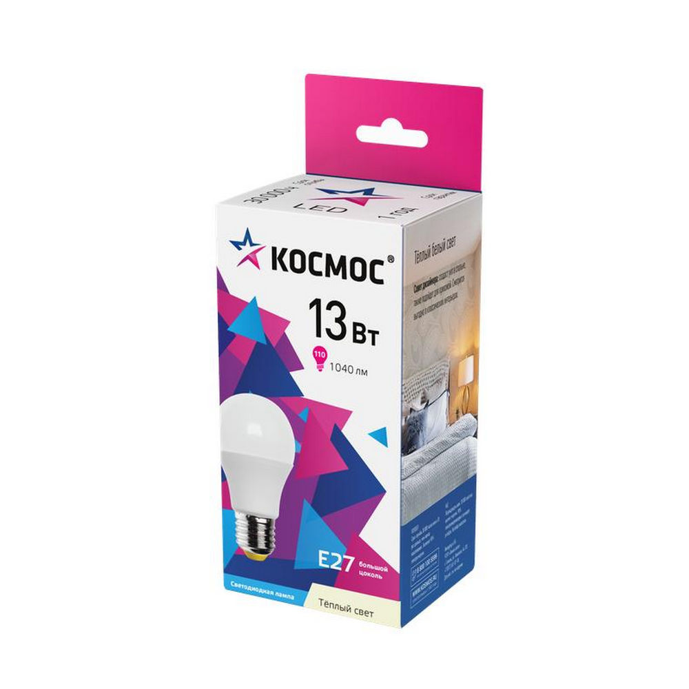 Лампа светодиодная КОСМОС A60 матовая, мощность - 13 Вт, цоколь - E27, световой поток - 1040 лм, цветовая температура - 6500 K, форма - рефлектор