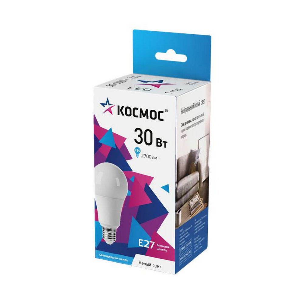Лампа светодиодная КОСМОС А70 матовая, мощность - 30 Вт, цоколь - E27, световой поток - 2700 лм, цветовая температура - 4500 K, форма - грушевидная