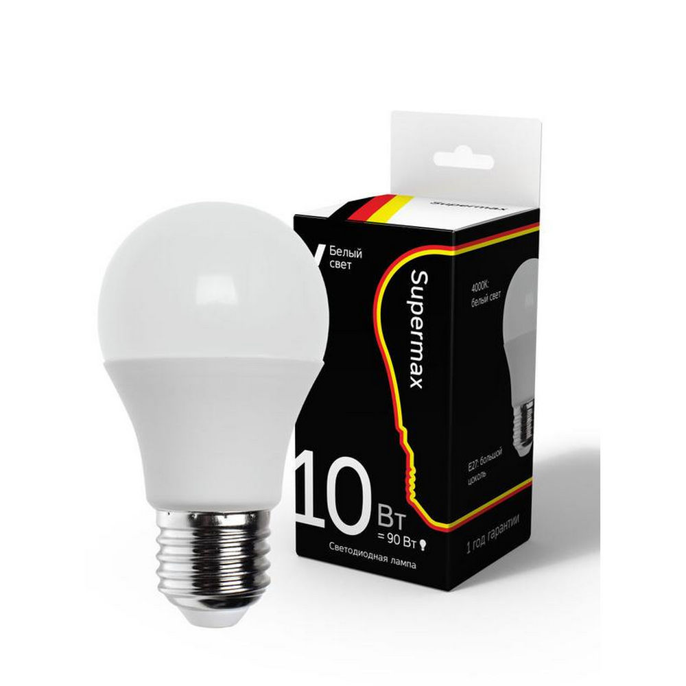Лампа светодиодная КОСМОС Supermax А60 матовая, мощность - 10 Вт, цоколь - E27, световой поток - 800 лм, цветовая температура - 4000 K, форма - грушевидная