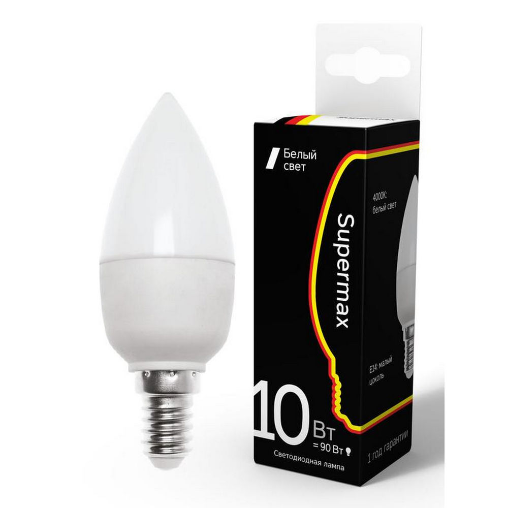 Лампа светодиодная КОСМОС Supermax свеча матовая, мощность - 10 Вт, цоколь - E27, световой поток - 800 лм, цветовая температура - 4000 K, форма - свеча