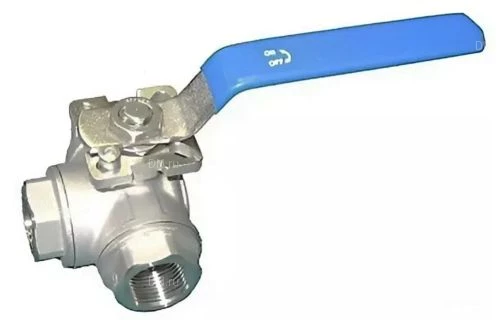 Краны шаровые DN.ru BV3232P(4pc)-SP-3WL-T-ISO-H WDVF Ду32-65 Ру40/63 стандартнонопроходные, трехходовые L-типа, внутренняя резьба, корпус - нержавеющая сталь AISI 316, уплотнение - PTFE, с ISO-фланцем и рукояткой