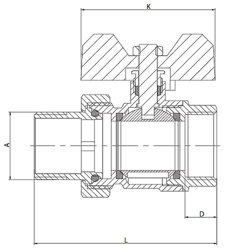 Кран шаровый Ридан BVR-FR 1 1/4″ Ду32 Ру40 муфтовый, полнопроходной, корпус - латунь, присоединение - внутренняя резьба/накидная гайка