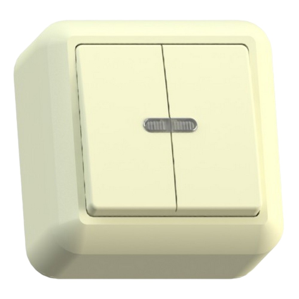 Выключатель двухклавишный Кунцево-Электро Оптима А510-387 открытой установки с индикацией, номинальный ток - 10 А, степень защиты IP20, с монтажной пластиной, цвет - слоновая кость