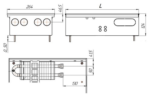 Конвектор внутрипольный КЗТО Бриз В 260x120x3700 теплоотдача (2080-6533) Вт, шаг 12 мм ширина планки 5 мм, с вентилятором, алюминиевая рулонная решетка с черными втулками, концевое исполнение, подключение – правое, в комплекте с модулем ТСМ-220