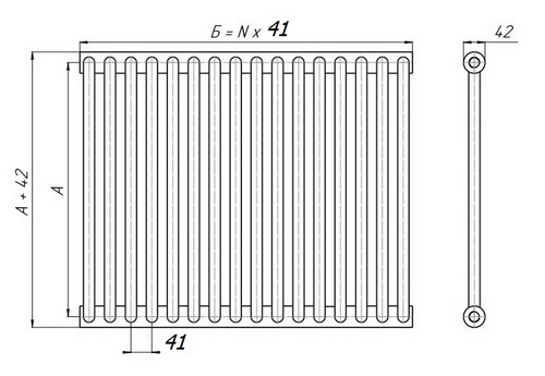 Радиатор стальной трубчатый КЗТО РСK 1-500 высота 540 мм, 32 секций, присоединение резьбовое - 1/2″, подключение - боковое, теплоотдача 1248 Вт, цвет – RAL 9016