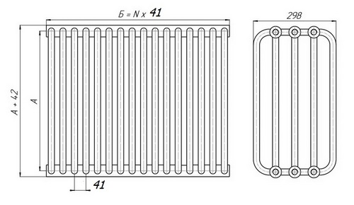 Радиатор стальной трубчатый КЗТО РСК 5-500 высота 542 мм, 18 секций, присоединение резьбовое - 1/2″, подключение - боковое, теплоотдача 2736 Вт, цвет – RAL 9016