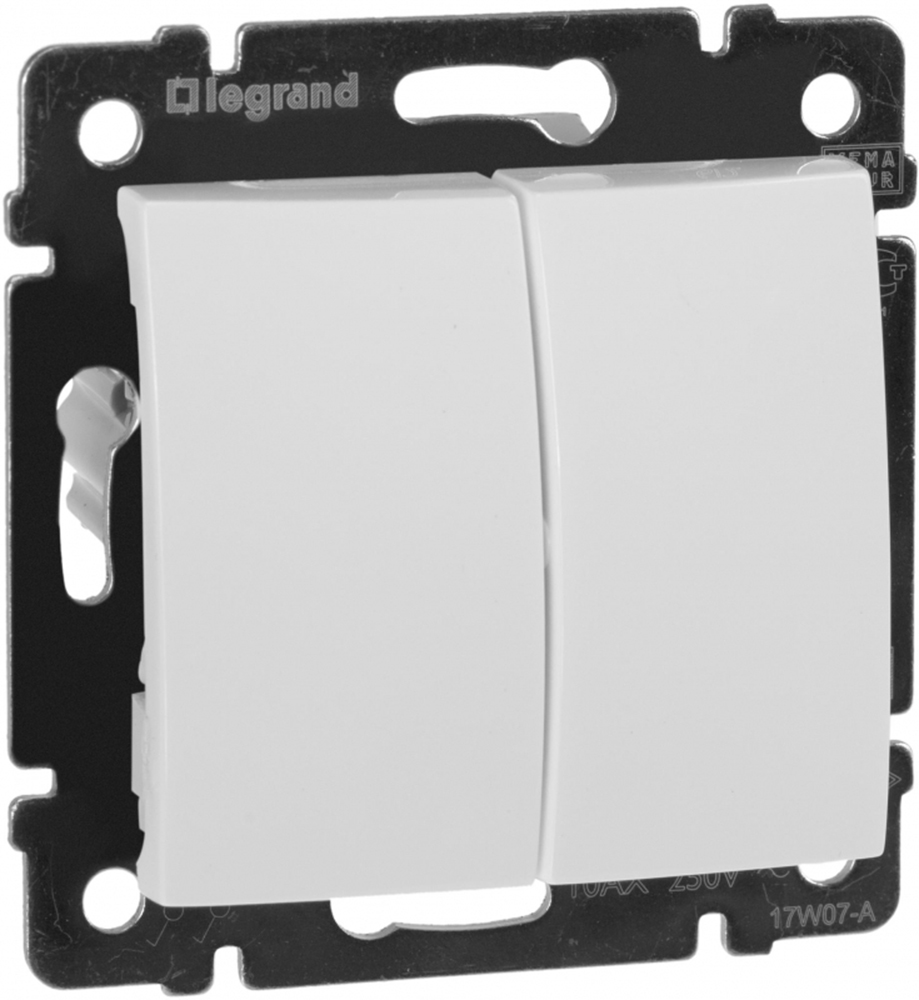 Переключатель Legrand VALENA скрытый, количество клавиш - 2 шт, номинальный ток - 10А, степень защиты - IP31, без подсветки, механизм, цвет - белый