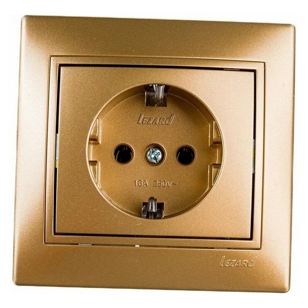 Розетка LEZARD Mira 1-местная скрытой установки с заземлением, номинальный ток - 16 А, степень защиты IP20, цвет - золотой металлик