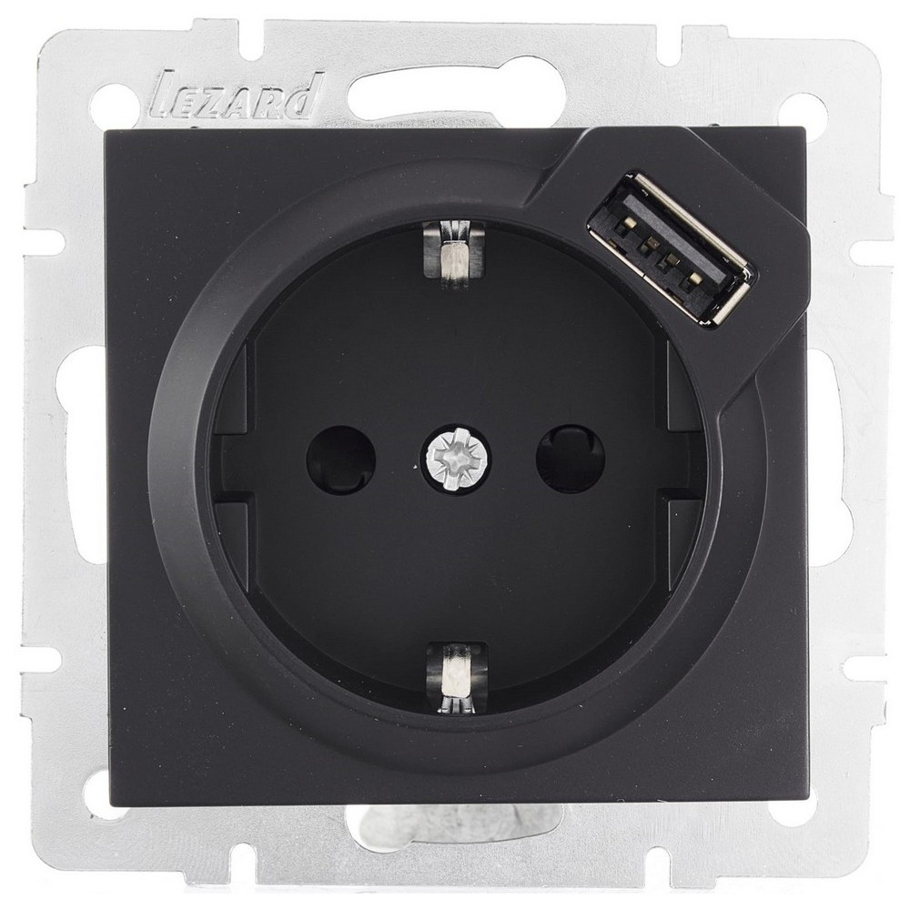 Розетка комбинированная LEZARD Vesna 1-местная с USB скрытой установки с заземлением, степень защиты IP20, механизм, цвет - черный бархат