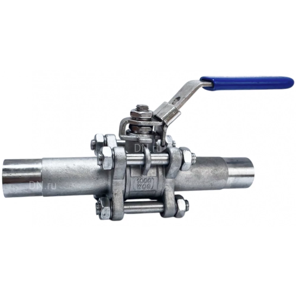 Кран шаровой Lotar LTR-TE0A/6 Ду100 Ру25 полнопроходной, трехсоставной, приварной, корпус - нержавеющая сталь AISI 316 (CF8M), уплотнение - PTFE, управление - рукоятка-рычаг