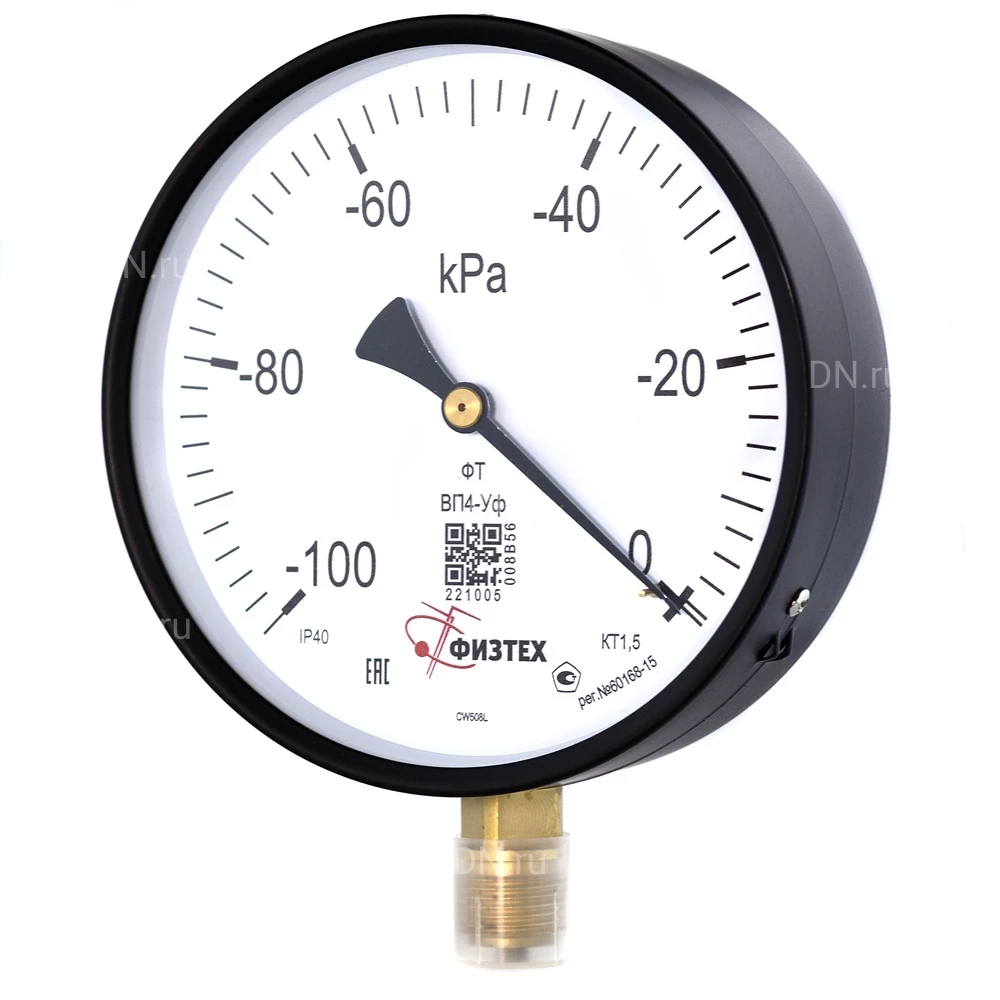 Вакуумметр ФИЗТЕХ ВП4-Уф -100-0 кПа d.160 класс точности 1.5, резьбовое соединение М20х1.5, степень защиты корпуса IP40, общетехнический, радиальное присоединение