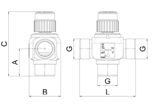 Клапаны термостатические MUT RAW Ду25 Ру10 смесительные, регулируемые, присоединение - наружная резьба, Kvs 4, 20-60°C, корпус - латунь