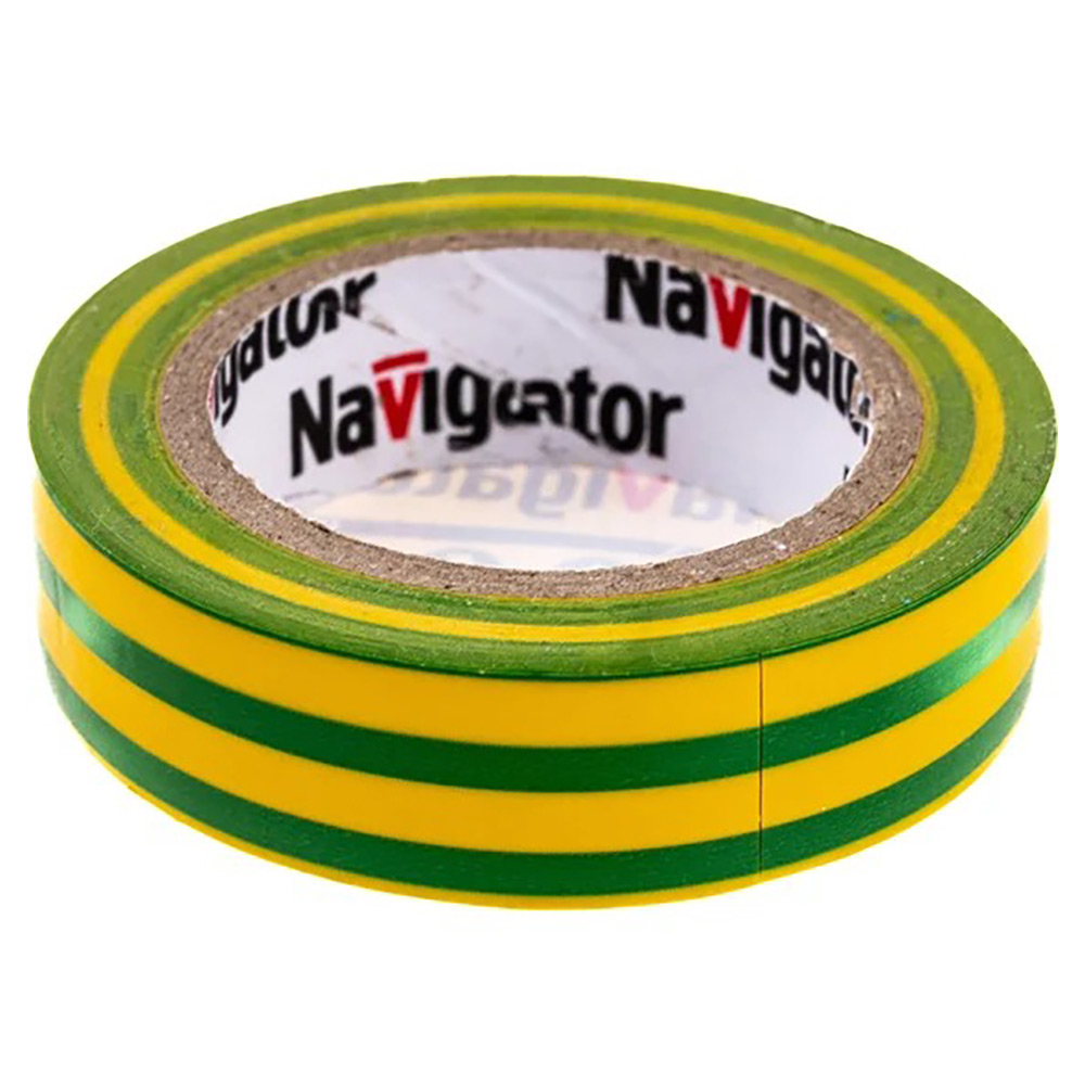 Изолента самозатухающая Navigator NIT-B15-10/YG ширина - 15 мм, длина - 10 м, толщина - 0.13 мм, материал - поливинилхлорид, цвет - желто-зеленый