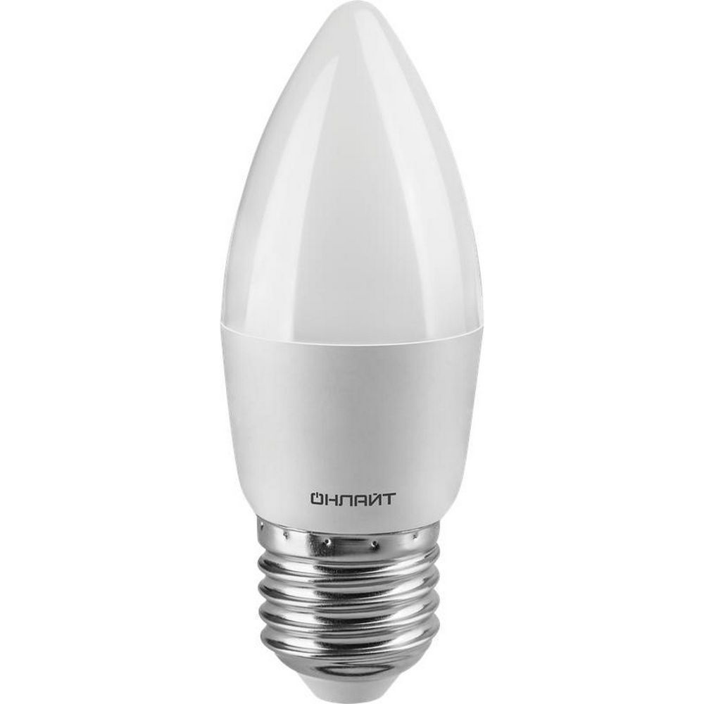 Лампа светодиодная ОНЛАЙТ OLL-C37 матовая, мощность - 6 Вт, цоколь - E27, световой поток - 450 лм, цветовая температура - 2700 K, форма - свеча