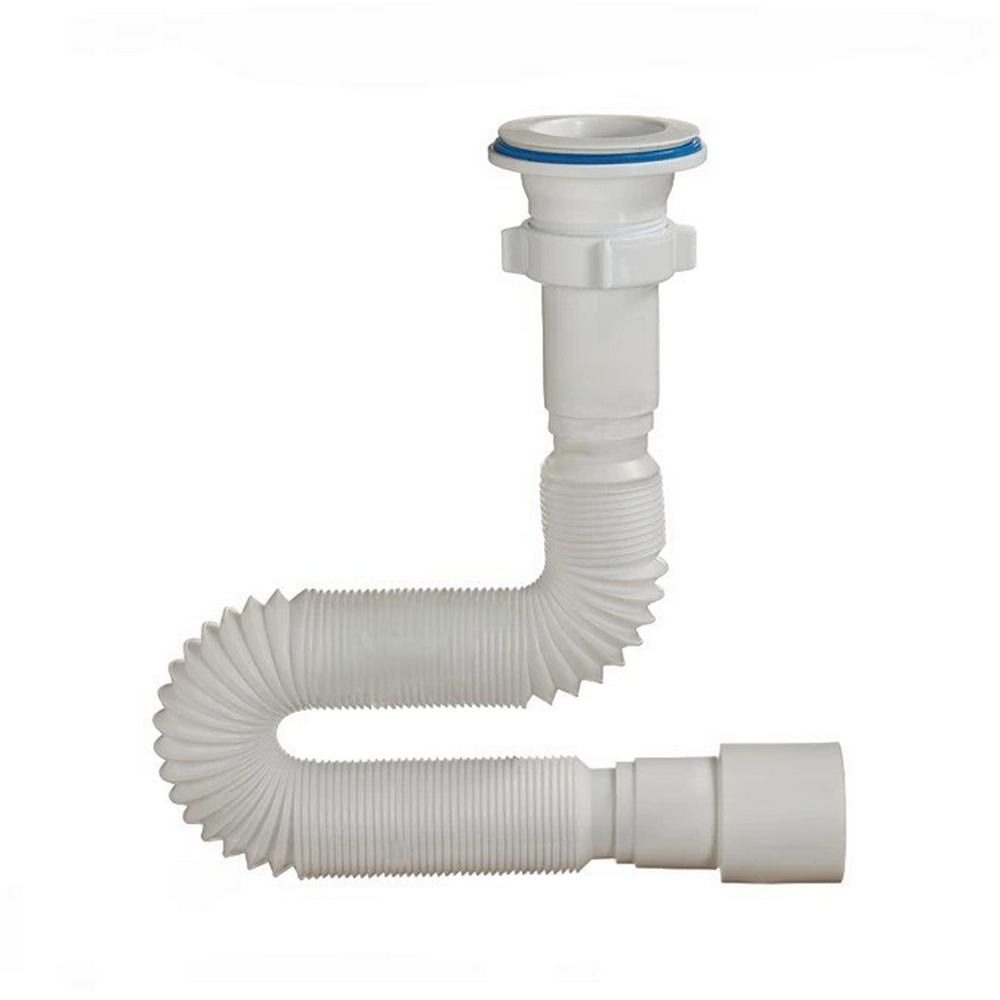 Сифон для умывальника Орио А-7017 1 1/2″x40/50 гофрированный, длина 360-850 мм, выпуск с пластиковой решеткой диаметром 70 мм, цвет - белый