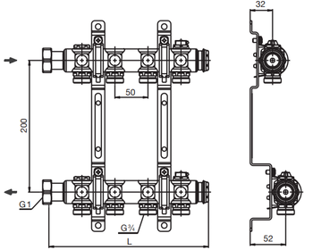 Группа коллекторная Oventrop 1″ нак/г 2 вых 3/4″ НР под евроконус с термостатическими клапанами