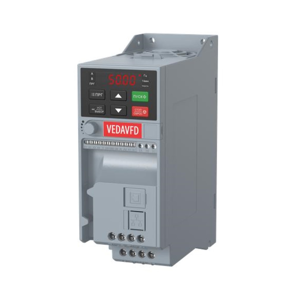 Преобразователь частоты VEDA VF-51-P7K5-0017-T4-E20-B-H общего назначения малой мощности, номинальная мощность 7.5кВт, номинальный ток 17А, количество фаз - 3, напряжение питания - 380В, степень защиты IP20, встроенный тормозной прерыватель, базовый ЭМС