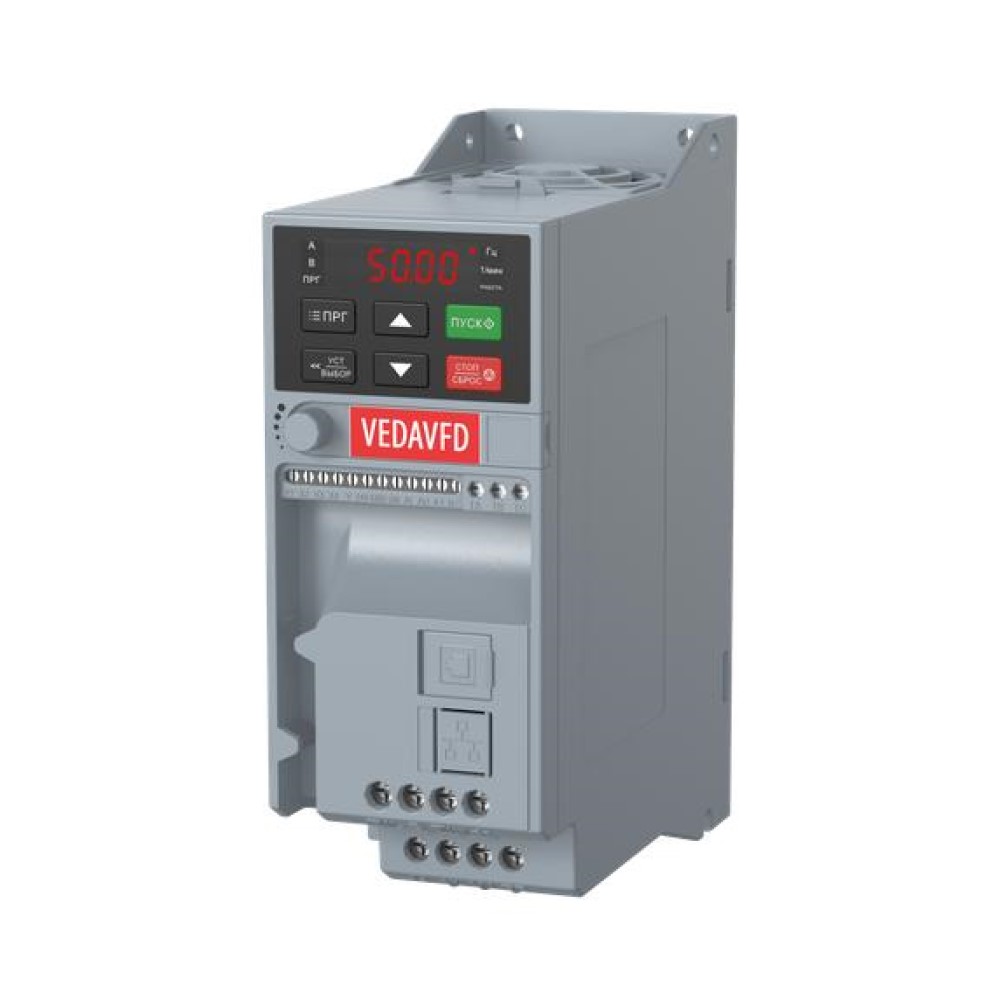 Преобразователь частоты VEDA VF-101-P1K5-0004-A-T4-E20-B-H высокопроизводительный векторный, мощность 1.5кВт, номинальный ток 4А, перегрузочная способность 120, количество фаз - 3, напряжение питания - 380В, встроенный тормозной прерыватель, без дросселя