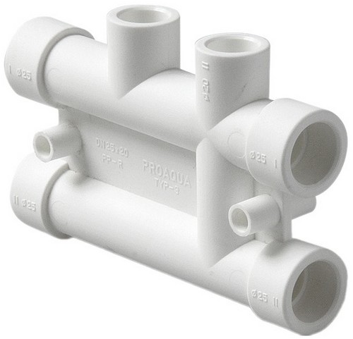 Узлы распределительные PRO AQUA Дн25x20 Ру25 для систем водоснабжения и отопления, сдвоенные, плоские, полипропиленовые, под приварку, белые