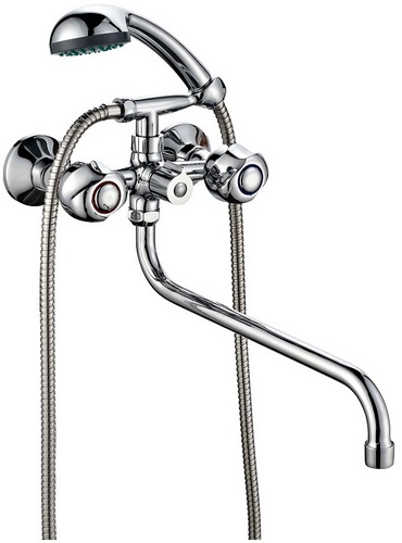 Смесители для ванны с душем Профсан Евро ПСМ-158 длина  305 мм,двухвентильные, излив трубчатый длинный, серебристые