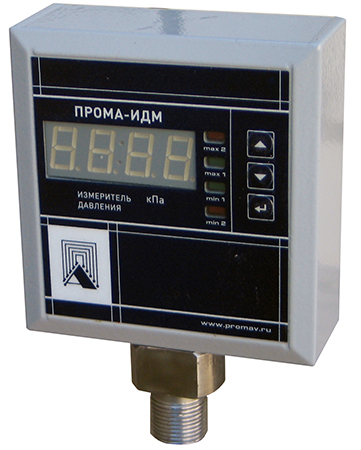 Датчики разности давлений на жидкость ПРОМА ИДМ-016 ДД(Ж)-Р 6-160, рабочее давление 2.5МПа, штуцерное исполнение, количество выходных реле - 4, напряжение - 24В, диапазон измерений давлений 1.6-160КПа
