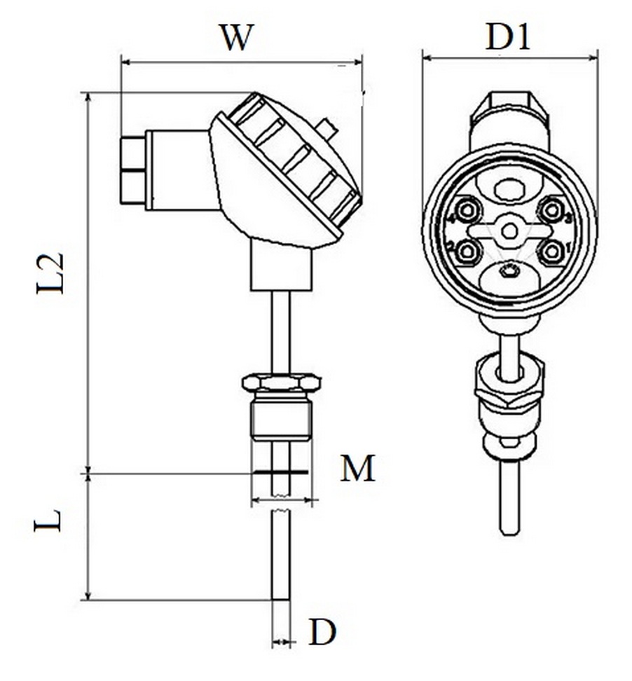 Термопреобразователь сопротивления Прома tsp101-r, платиновый чувствительный элемент, с монтажной гайкой G1/2″, L 120 мм, Pt1000 Ом, класс допуска А, 4 контакта, (-50 °C : +200 °C)