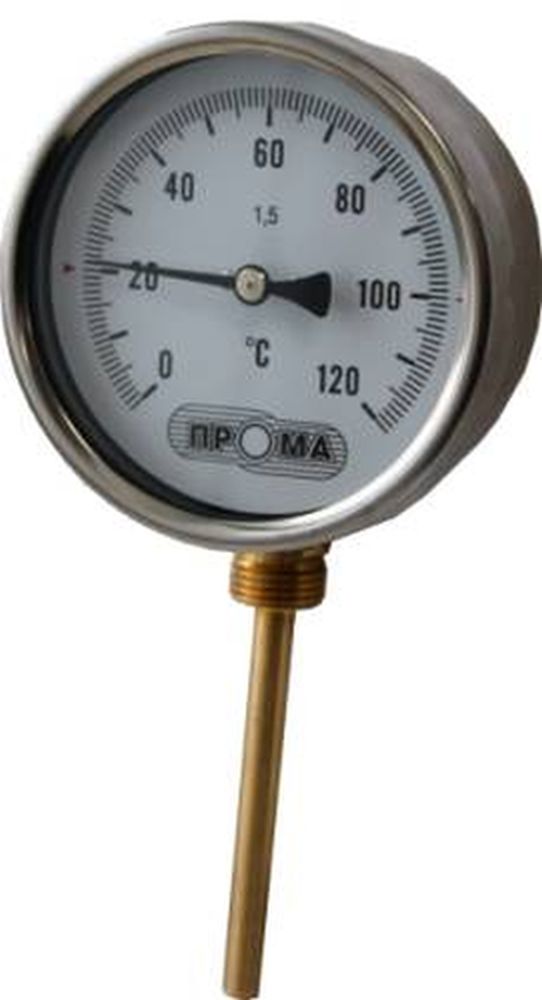 Термометр осевой ПРОМА ТБ80 до 120°С биметаллический, диаметр корпуса - 80 мм, длина погружной части 64 мм, присоединение - G1/2″, безвинтовое, класс точности - 1,5