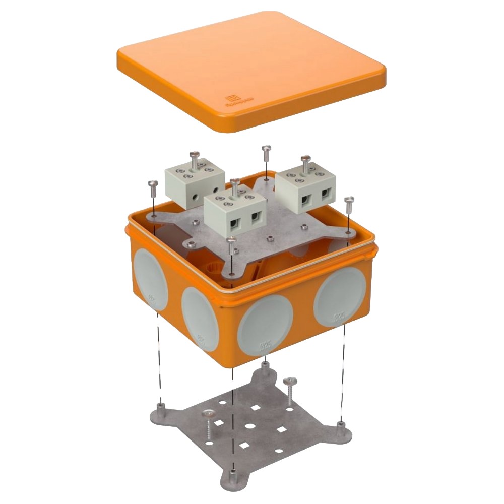 Коробка огнестойкая Промрукав 60-0300-FR10.0-6 Е15-Е120 100х100х50мм двухкомпонентная для открытой проводки, количество полюсов 6, сечение кабеля 10мм2, защита корпуса IP66, цвет - оранжевый