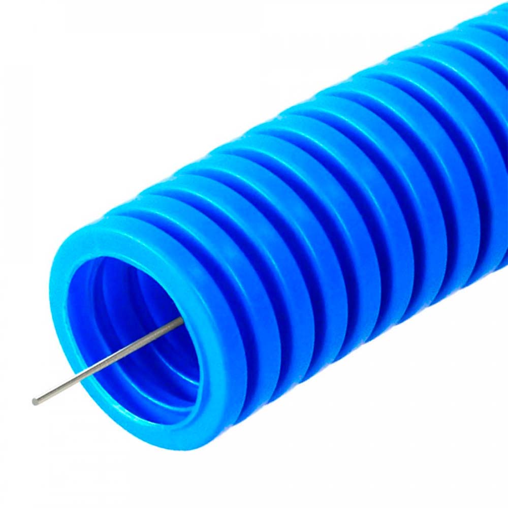 Труба гофрированная Промрукав Дн20 L100 легкая с протяжкой, негорючая, внешний диаметр 20 мм материал - ПП, бухта 100 м, цвет синий