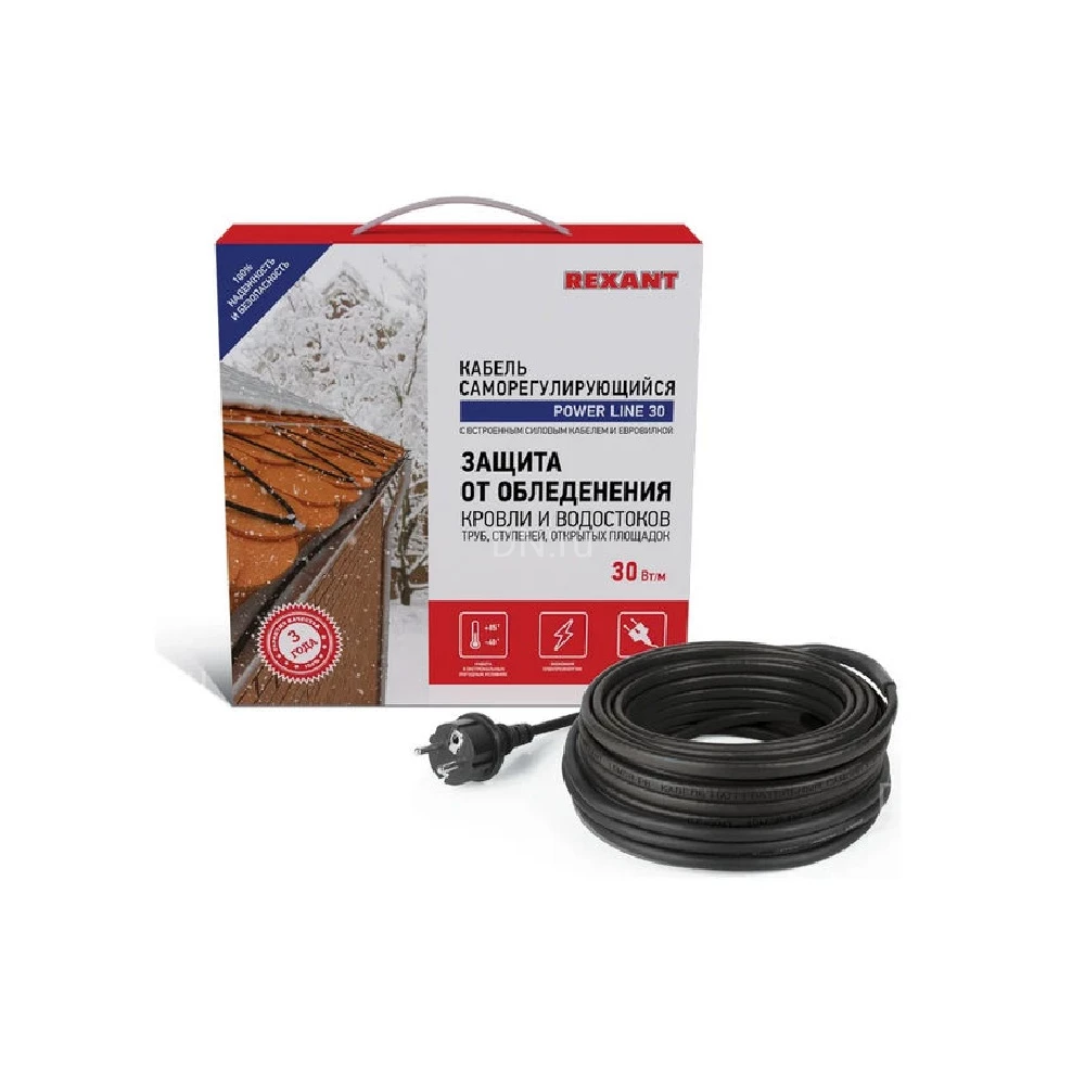 Кабель нагревательный REXANT POWER Line 30SRL-2CR 240Вт, саморегулирующийся, в комплекте с евровилкой, тепловая мощность - 30Вт/м, длина - 8м, цвет - черный, 220В