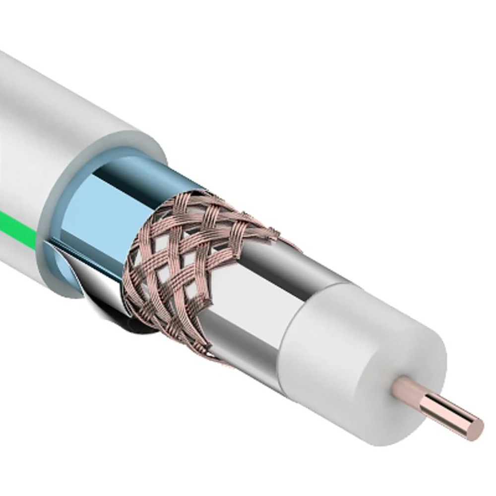 Кaбель коаксиальный REXANT RG-6U+Cu MASTER тройной экран 75 Ом, Cu/Al/Cu/Al, 90%, материал оболочки - ПВХ, длина - 100 м, цвет - белый