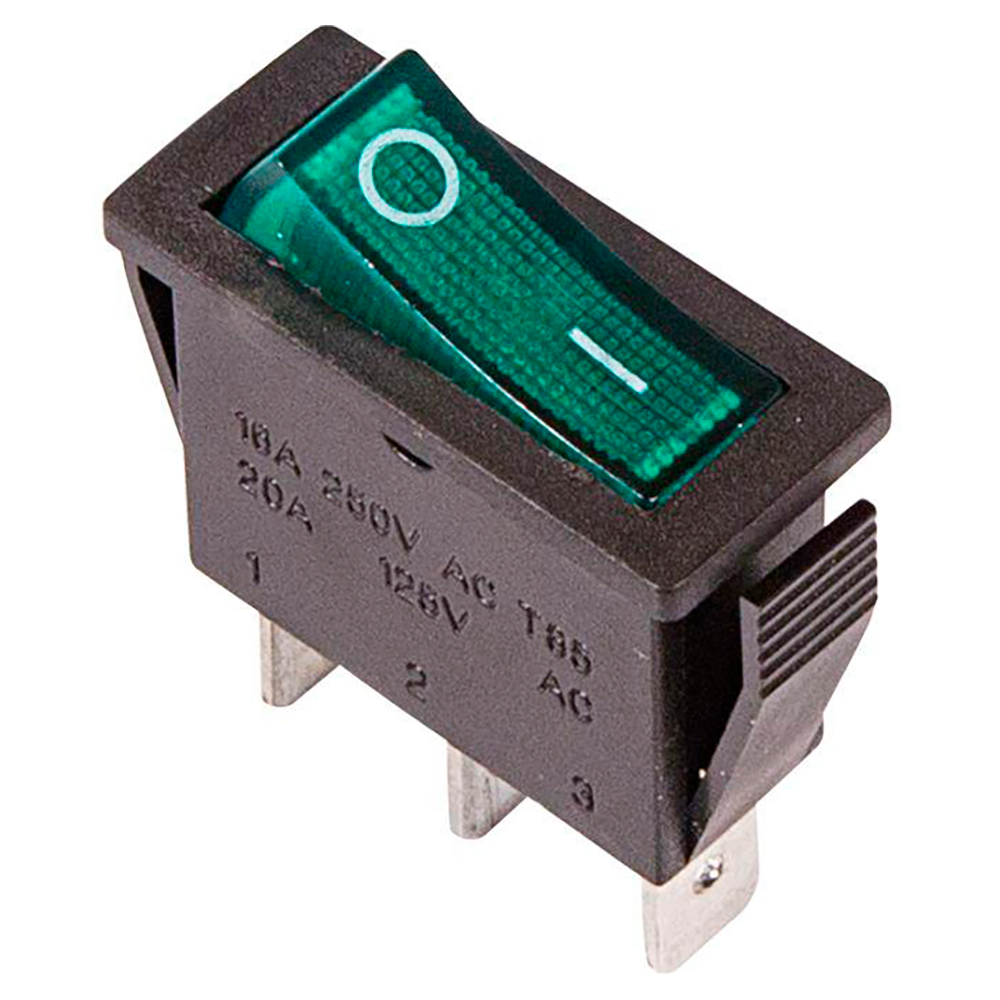 Выключатель клавишный Rexant RWB-404 ″ON-OFF″ с подсветкой, 3 контакта 15А, 250В, IP30, цвет – зеленый