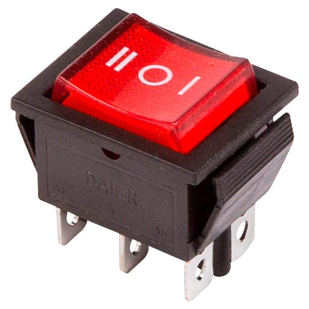 Выключатель клавишный Rexant RWB-509 ″ON-OFF-ON″ с нейтралью и подсветкой, 2х3 контактов 15А, 250В, IP30, цвет – красный
