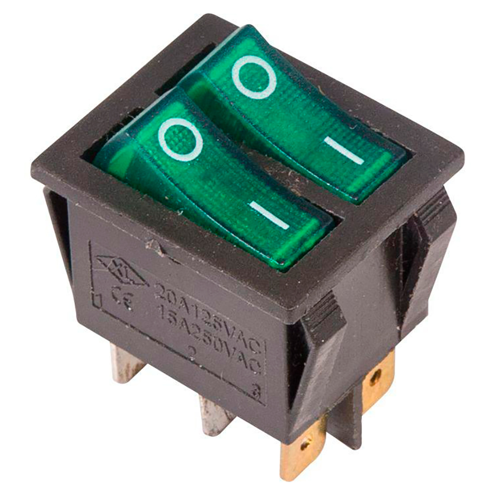 Выключатель клавишный Rexant RWB-511 ″ON-OFF″ двойной с подсветкой, 2х3 контактов 15А, 250В, IP30, цвет – зеленый