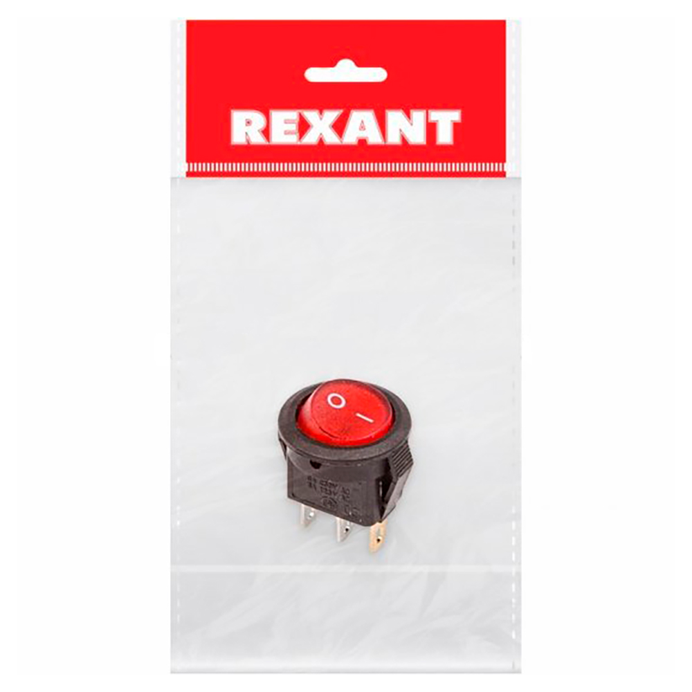 Выключатель клавишный Rexant RWB-106 ″ON-OFF″ Micro круглый с подсветкой, 3 контакта 3А, 250В, IP30, цвет – красный (в индивидуальной упаковке)