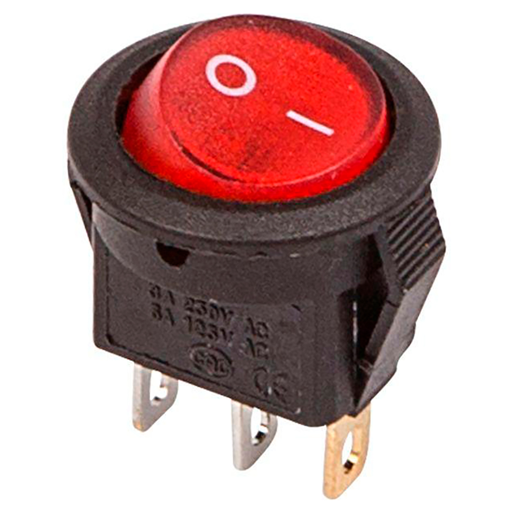 Выключатель клавишный Rexant RWB-106 ″ON-OFF″ Micro круглый с подсветкой, 3 контакта 3А, 250В, IP30, цвет – красный