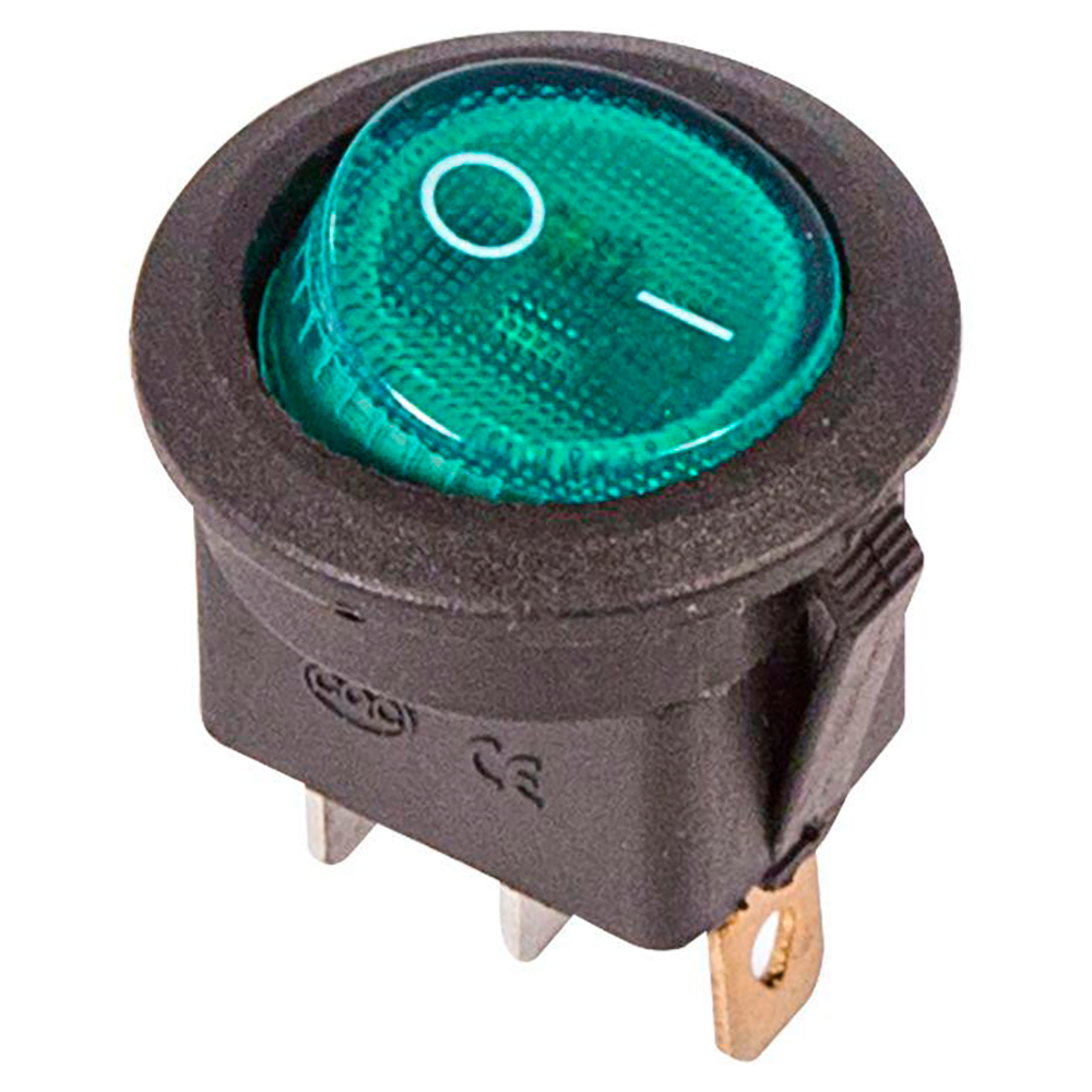 Выключатель клавишный Rexant RWB-214 ″ON-OFF″ круглый с подсветкой, 3 контакта 6А, 250В, IP30, цвет – зеленый