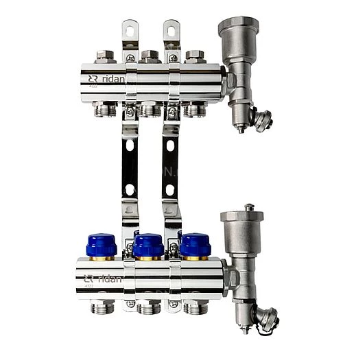 Коллекторные группы Ридан FHF-R 1″x3/4″ Ду25 Ру10 выходов 2-11 с воздухоотводчиками, с кронштейнами, корпус - латунь