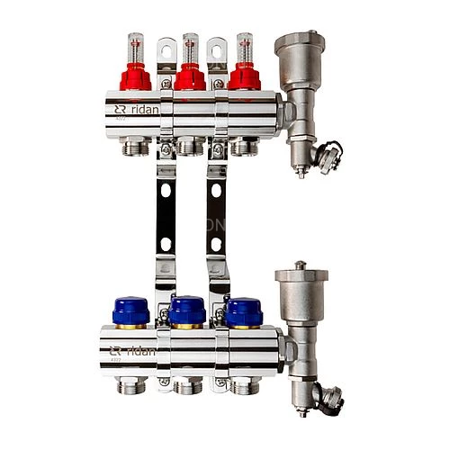 Коллекторные группы Ридан FHF-RF 1″x3/4″ Ду25 Ру6 выходов 2-12 с расходомерами, с воздухоотводчиками, с кронштейнами, корпус - латунь