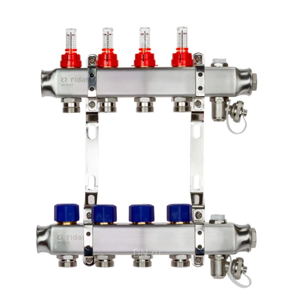 Коллекторная группа Ридан SSM-RF 1″ Ду25 Ру6 выходов 3x3/4″, с расходомерами и кронштейнами, корпус - нержавеющая сталь