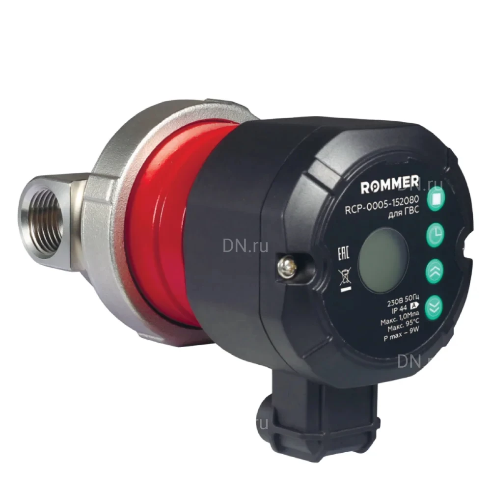 Насос циркуляционный Rommer PROFI для ГВС RCP-0005-152080 поверхностный, корпус - нержавеющая сталь, мощность - 0.009кВт, напор - 1.1м, производительность - 10л/мин, 220В