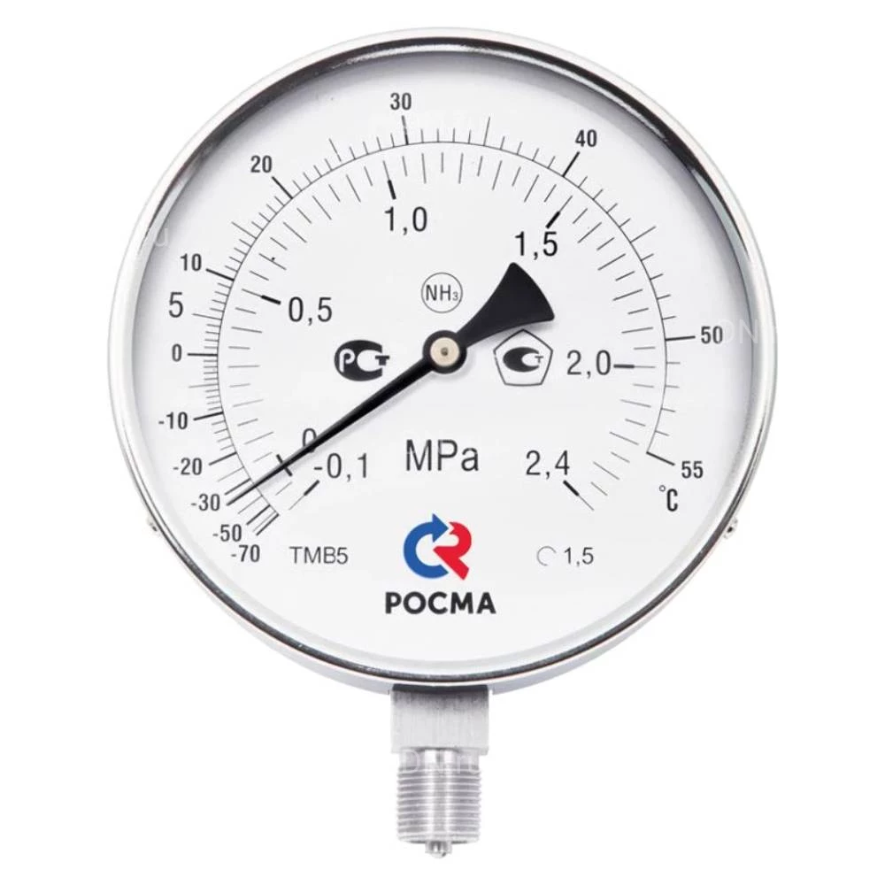 Мановакуумметр радиальный Росма ТМВ-511Р.00 NH3 (-1-24кгс/см2)/(-70-+5C) М20х1.5 1.5 аммиачный 100мм, тип - ТМВ-511Р, радиальное присоединение, двойная шкала -1-24кгс/см2/-70-+5C), резьба М20х1.5, класс точности 1.5, цвет хром, двойная шкала