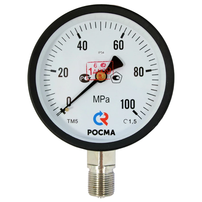 Манометр Росма ТМ-510Р.00 IP54 (0-1000кгс/см2) М20х1.5 1.5 общетехнический специального исполнения, 100мм, тип - ТМ-510Р, радиальное присоединение, 0-1000кгс/см2, резьба М20х1.5, класс точности 1.5